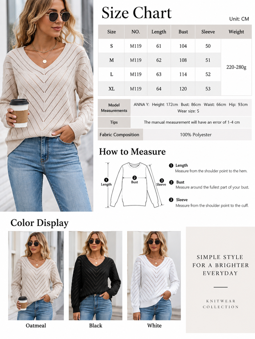 Relaxed V-Neck Pointelle Knit Sweater