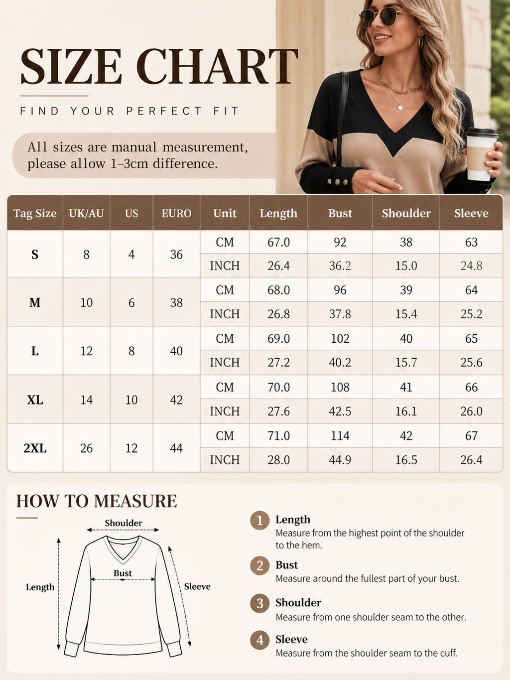 Casual V-Neck Color Block Button Cuff Top