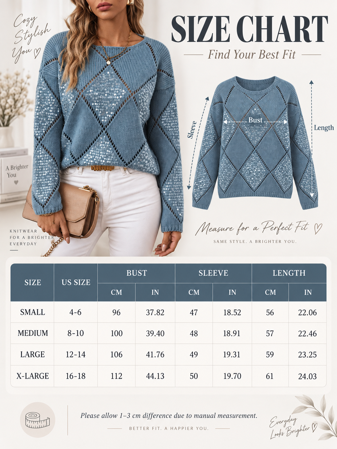 Women's Sparkle Argyle Crew Neck Sweater