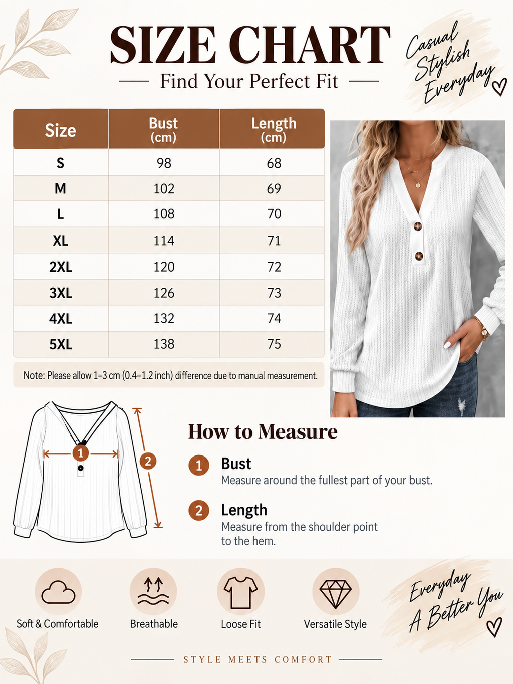 Relaxed V-Neck Textured Long Sleeve Top