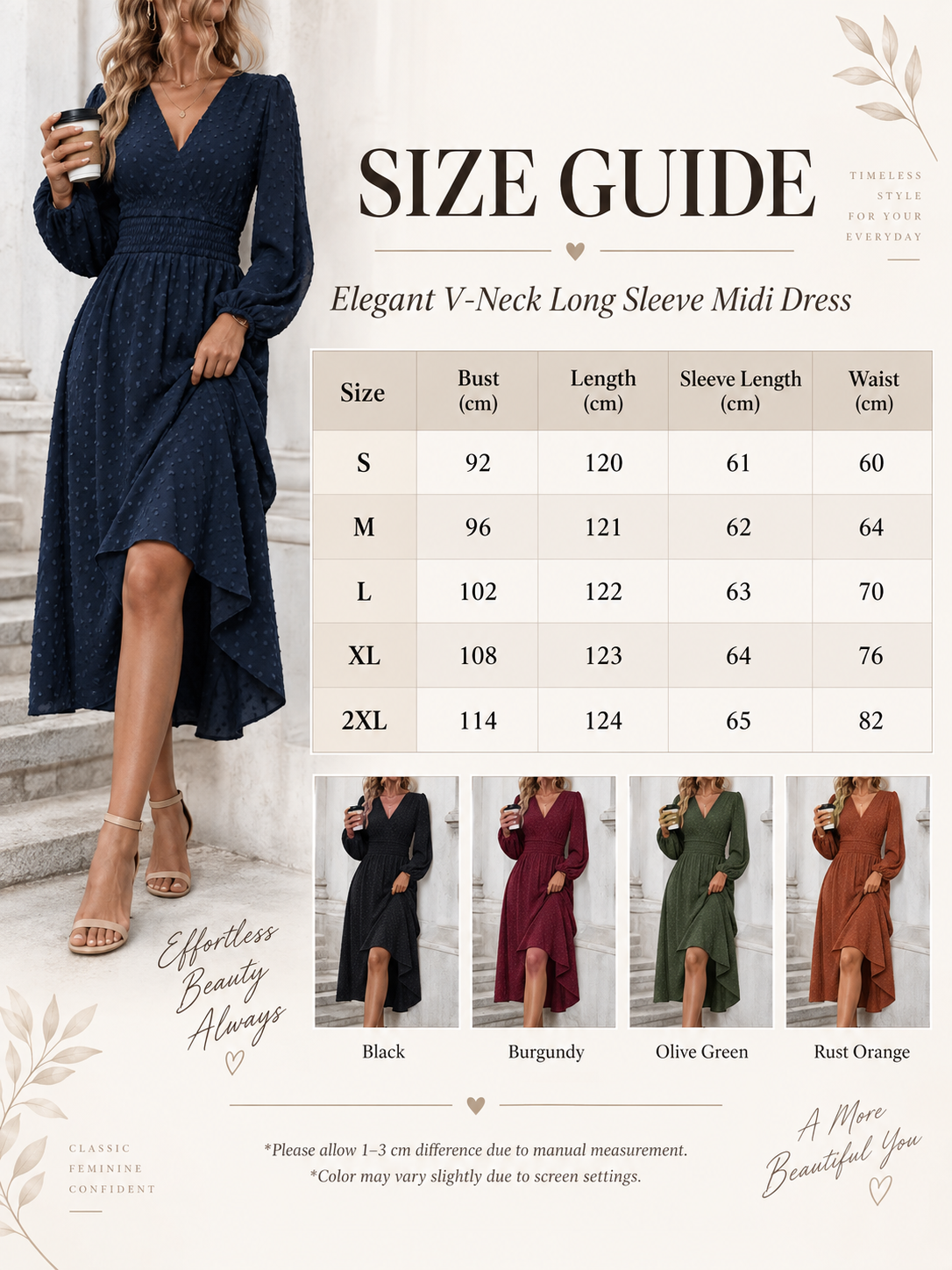Elegant V-Neck Ruched Waist Long Sleeve Midi Dress