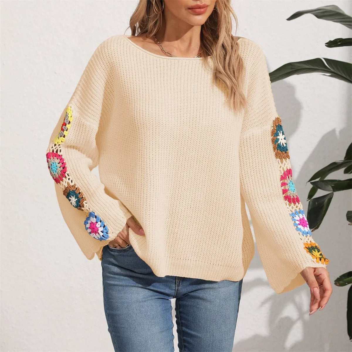 Colorful Crochet Patchwork Knit Sweater