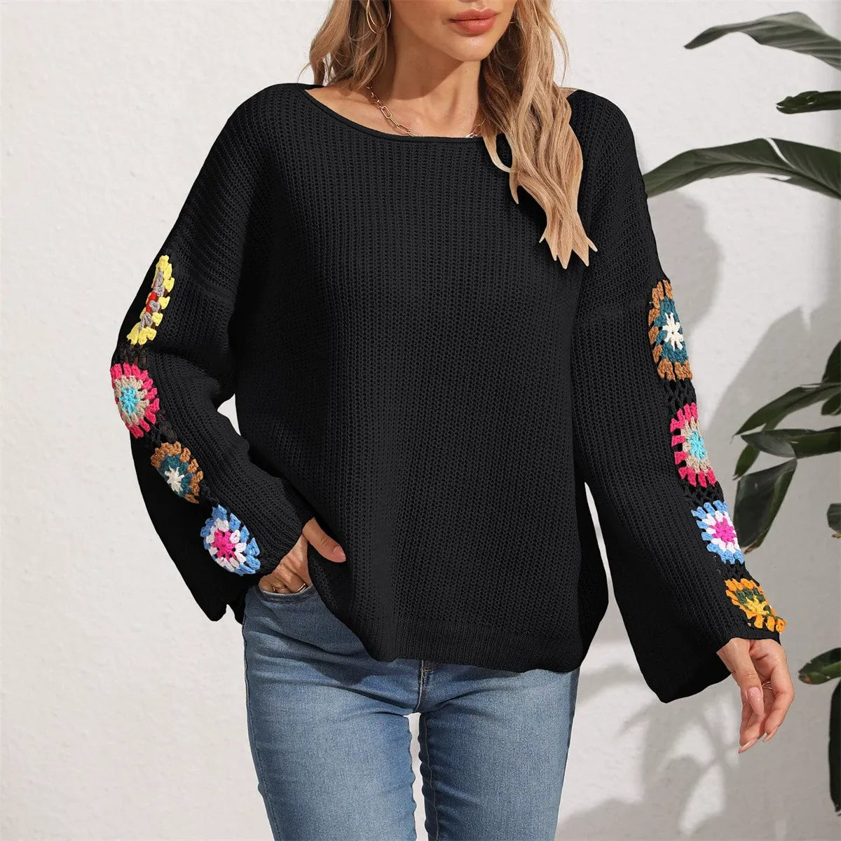 Colorful Crochet Patchwork Knit Sweater