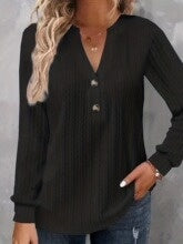 Relaxed V-Neck Textured Long Sleeve Top