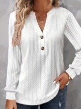 Relaxed V-Neck Textured Long Sleeve Top