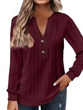 Relaxed V-Neck Textured Long Sleeve Top