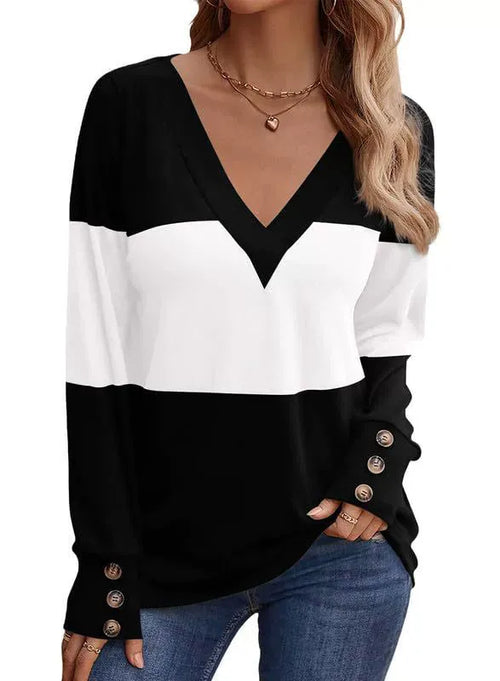 Casual V-Neck Color Block Button Cuff Top