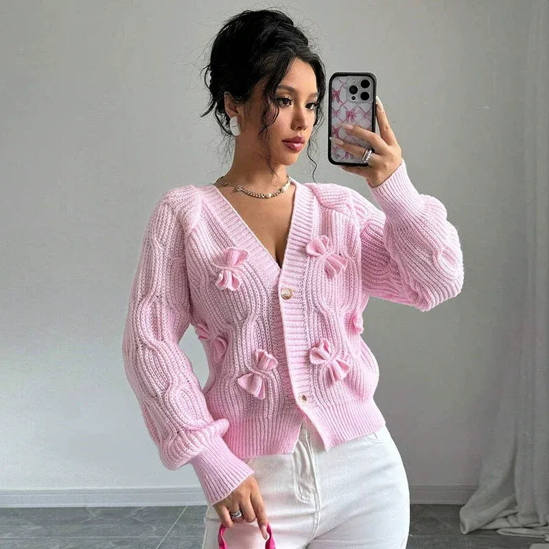 Sweet Bow V-Neck Knit Cardigan