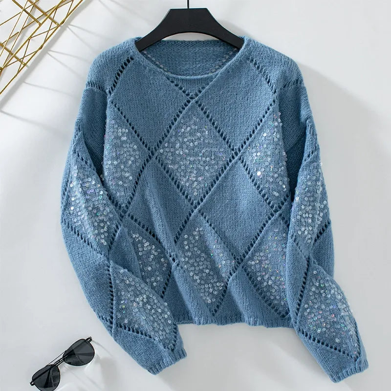 Women's Sparkle Argyle Crew Neck Sweater