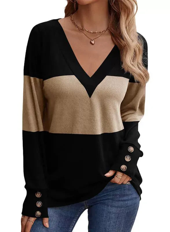Casual V-Neck Color Block Button Cuff Top