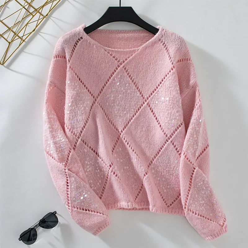 Women's Sparkle Argyle Crew Neck Sweater