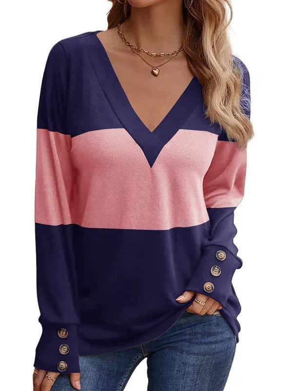 Casual V-Neck Color Block Button Cuff Top