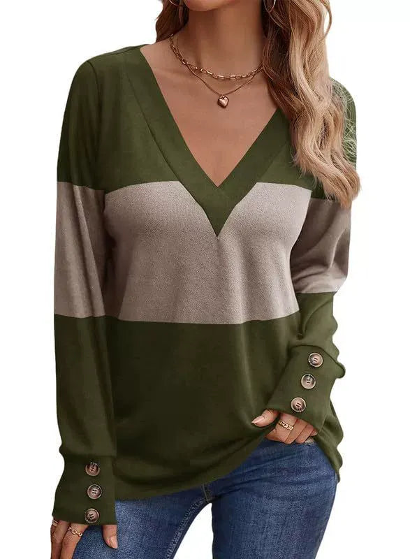Casual V-Neck Color Block Button Cuff Top
