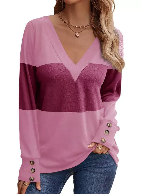 Casual V-Neck Color Block Button Cuff Top