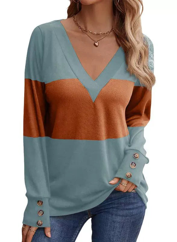 Casual V-Neck Color Block Button Cuff Top
