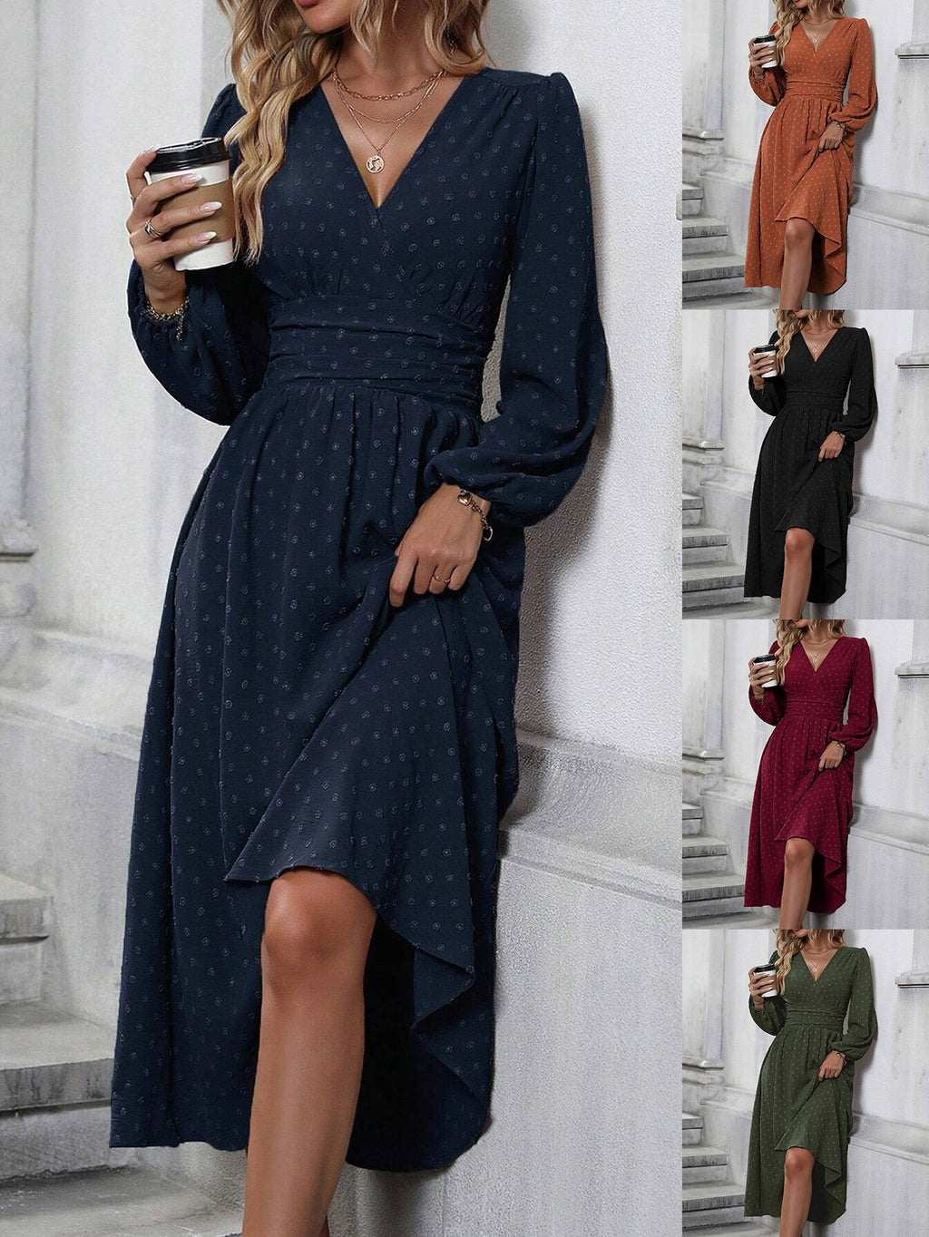 Elegant V-Neck Ruched Waist Long Sleeve Midi Dress