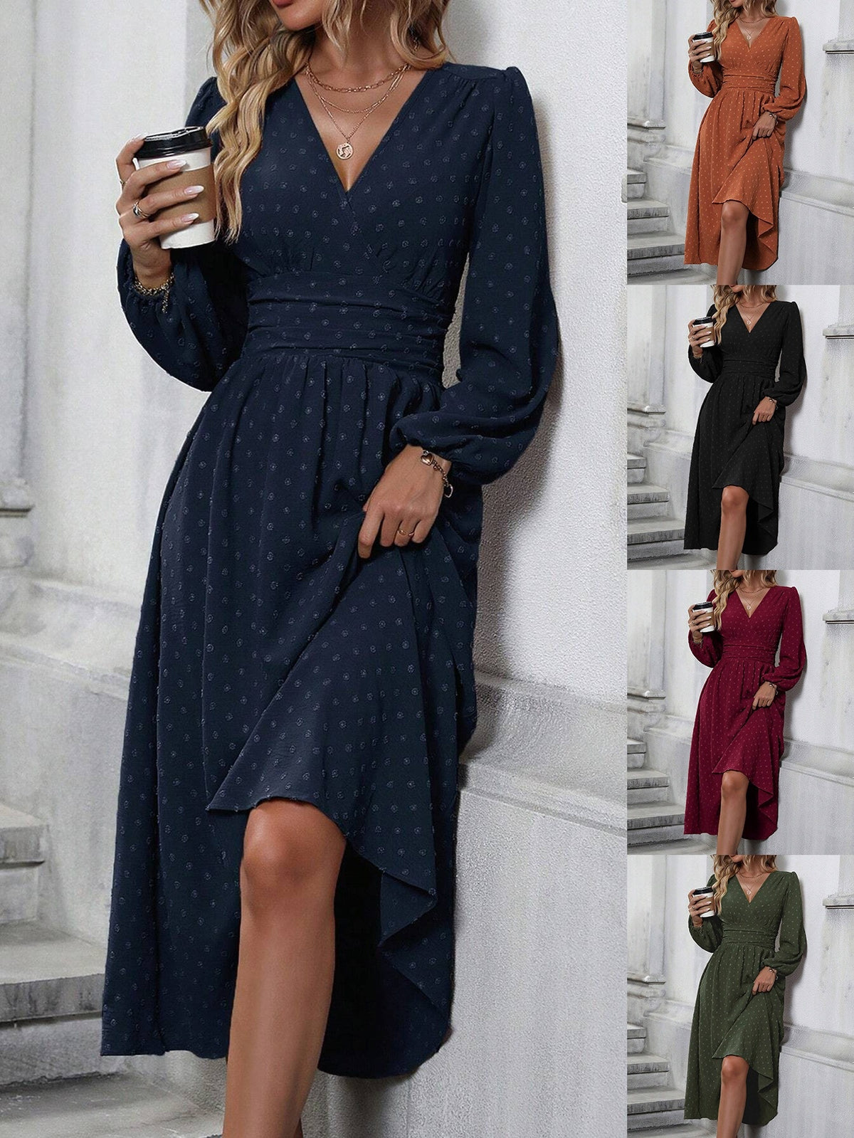 Elegant V-Neck Ruched Waist Long Sleeve Midi Dress