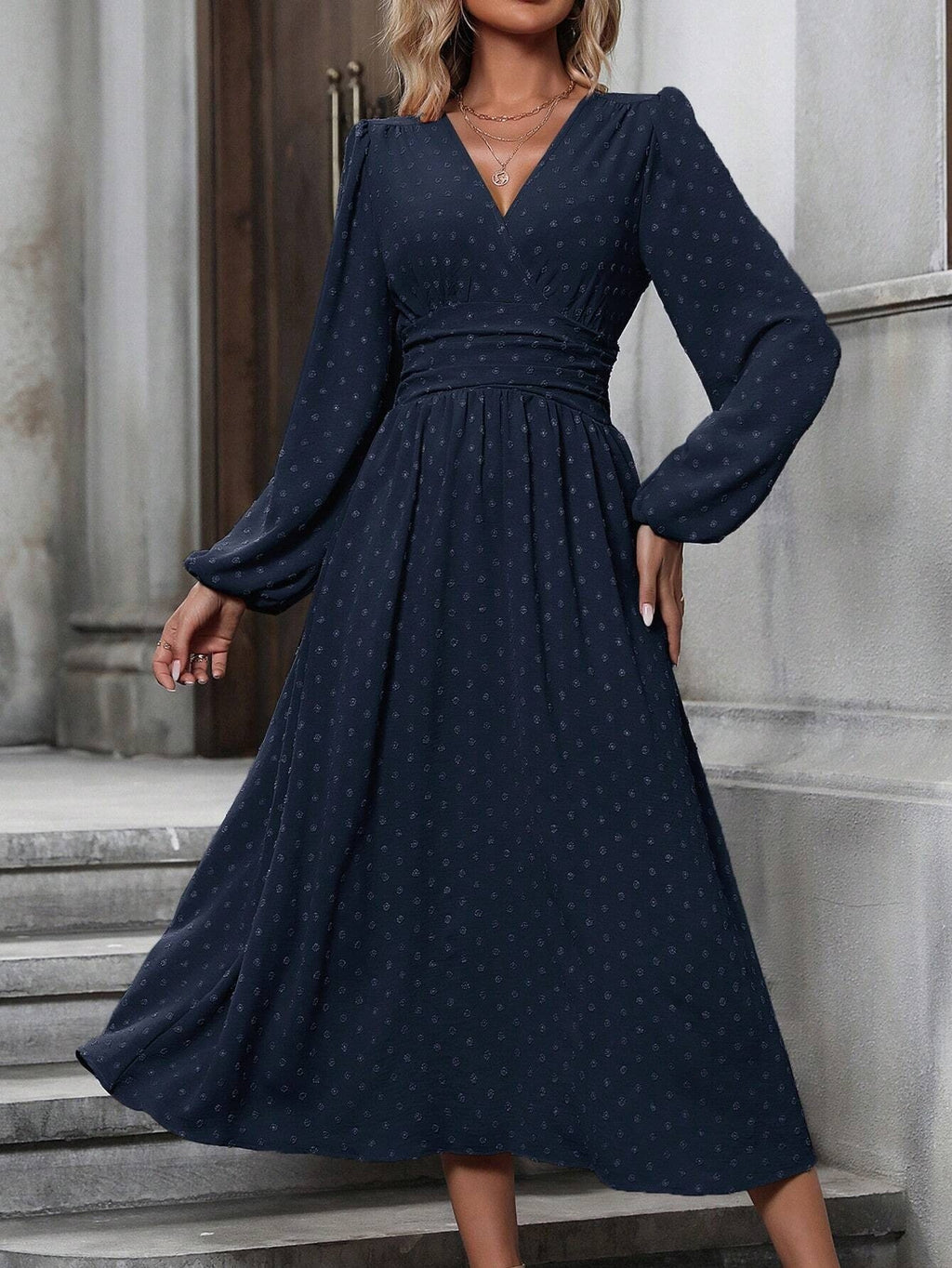 Elegant V-Neck Ruched Waist Long Sleeve Midi Dress