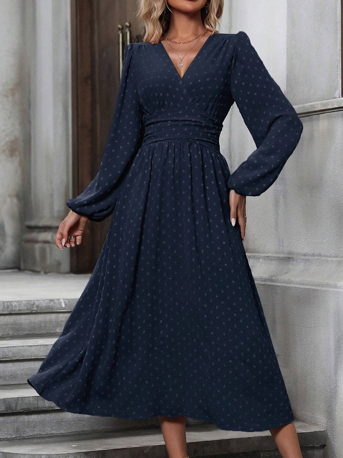 Elegant V-Neck Ruched Waist Long Sleeve Midi Dress