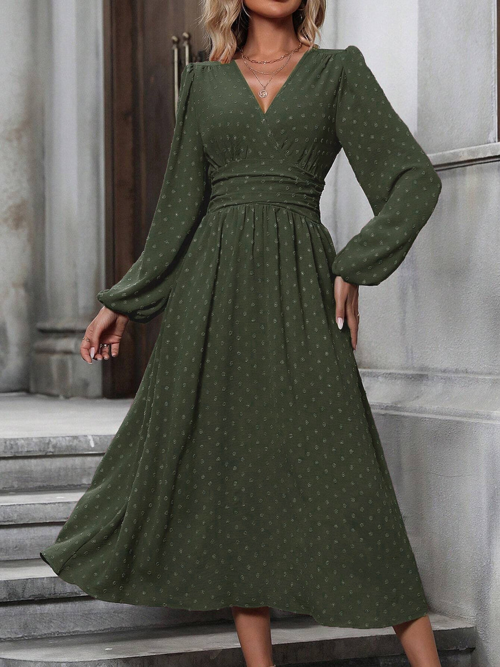 Elegant V-Neck Ruched Waist Long Sleeve Midi Dress