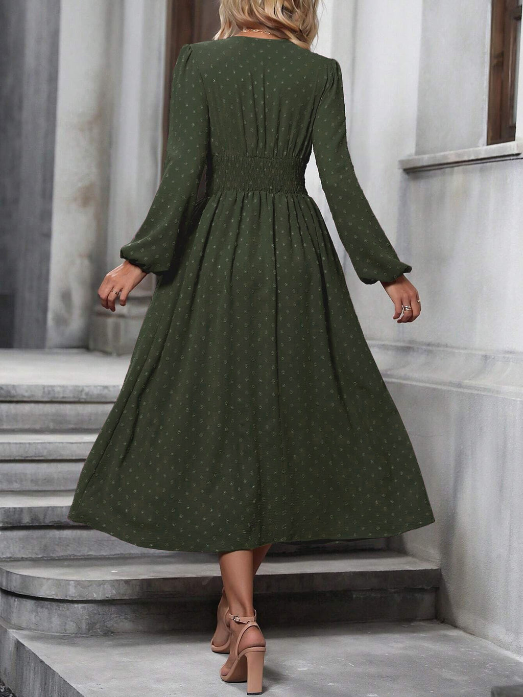 Elegant V-Neck Ruched Waist Long Sleeve Midi Dress