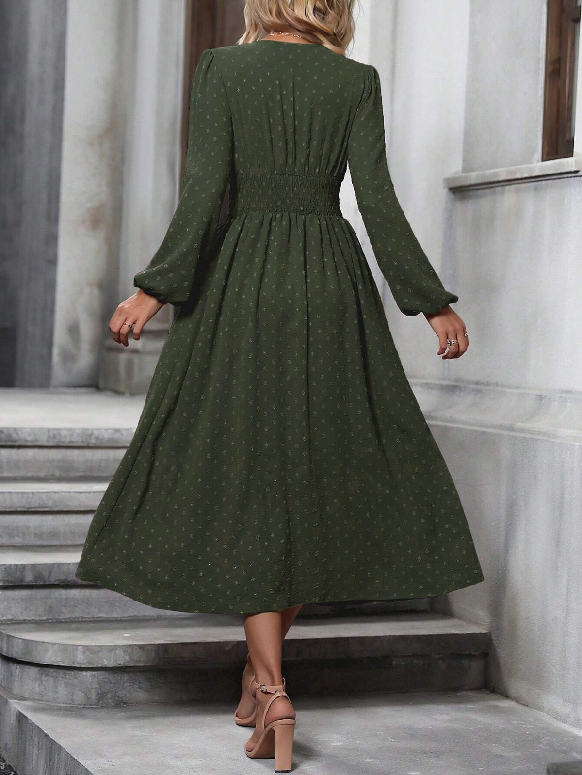 Elegant V-Neck Ruched Waist Long Sleeve Midi Dress