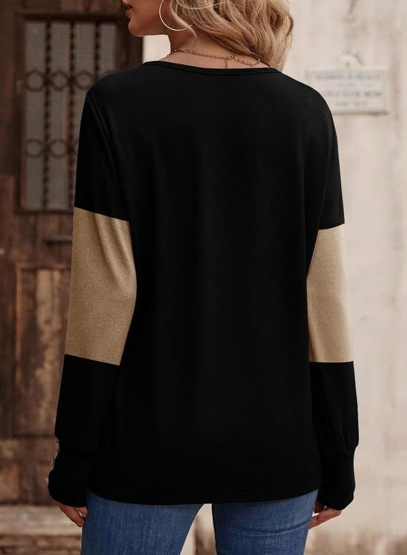 Casual V-Neck Color Block Button Cuff Top