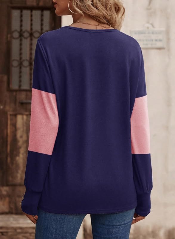 Casual V-Neck Color Block Button Cuff Top