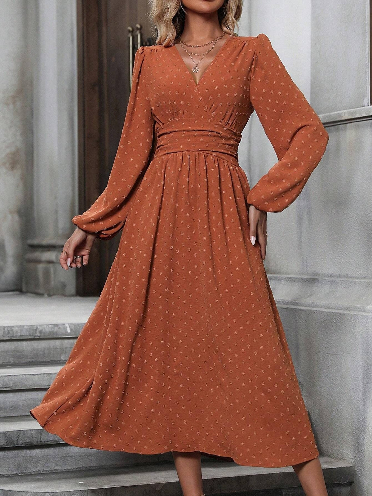 Elegant V-Neck Ruched Waist Long Sleeve Midi Dress