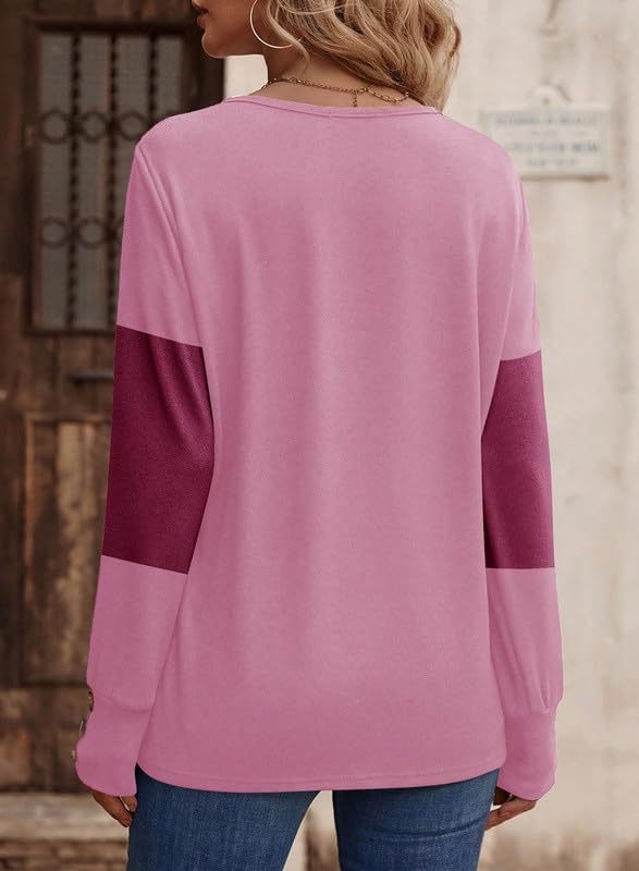 Casual V-Neck Color Block Button Cuff Top