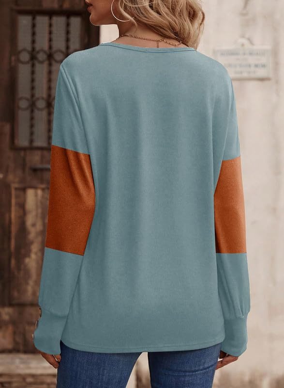Casual V-Neck Color Block Button Cuff Top