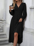 Elegant V-Neck Ruched Waist Long Sleeve Midi Dress
