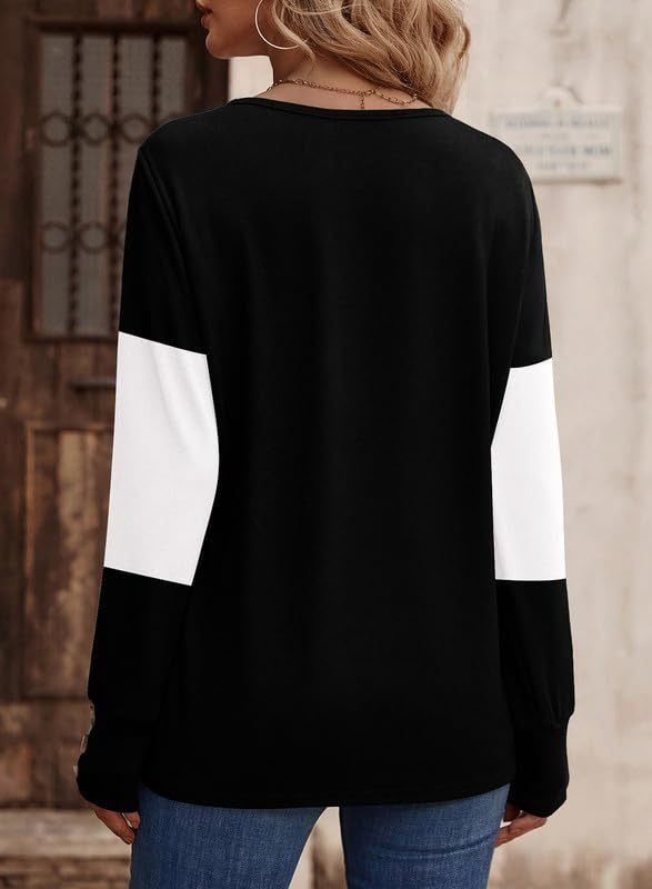 Casual V-Neck Color Block Button Cuff Top
