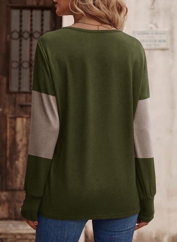 Casual V-Neck Color Block Button Cuff Top