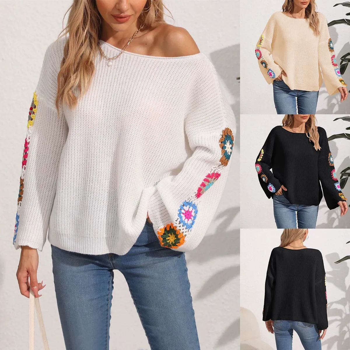 Colorful Crochet Patchwork Knit Sweater